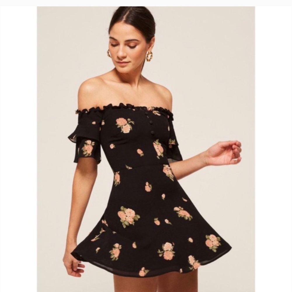 Black floral off the shoulder Diana Reformation mini dress